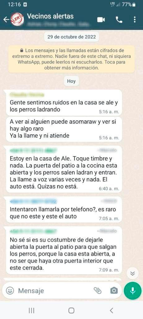 Los chats del grupo de vecinos donde se preguntaban por los ruidos fuertes que se oran en la casa de la enfermera 