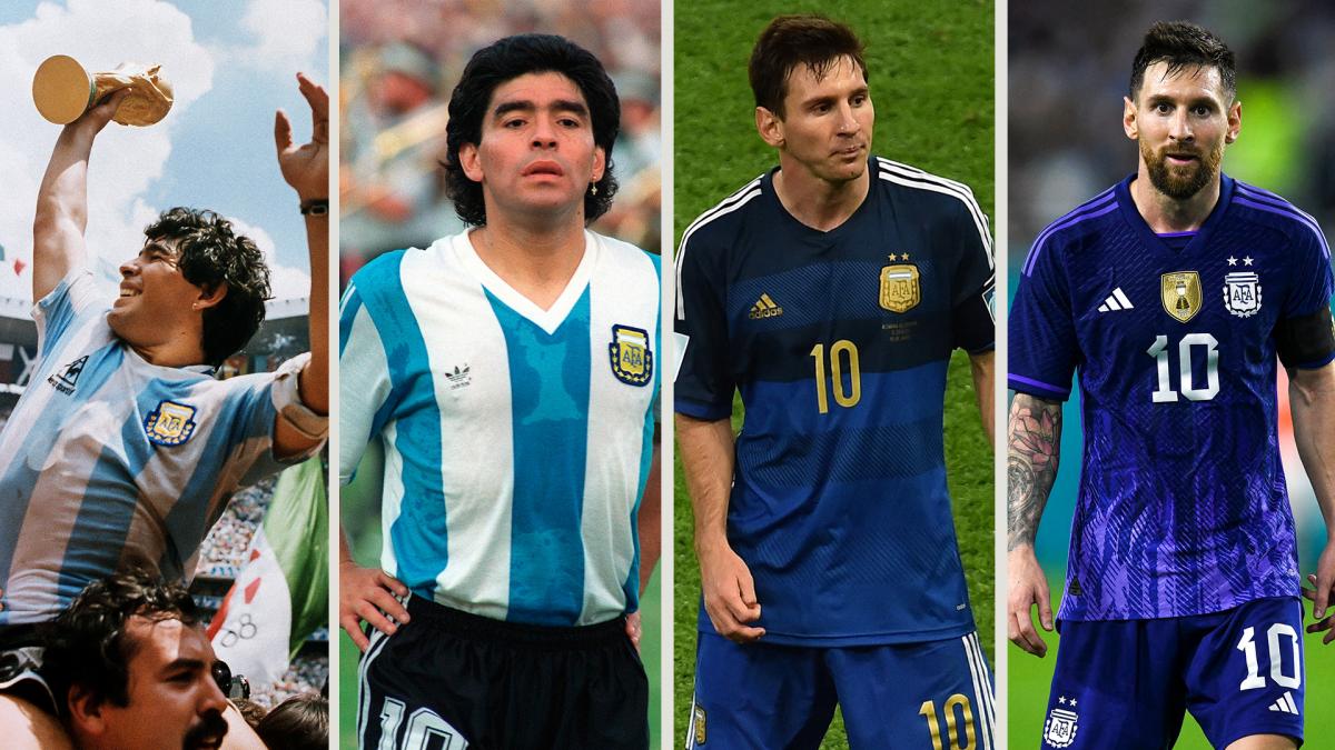 Camisetas icnicas de la Seleccin Argentina con Maradona y MessiFotos AFP