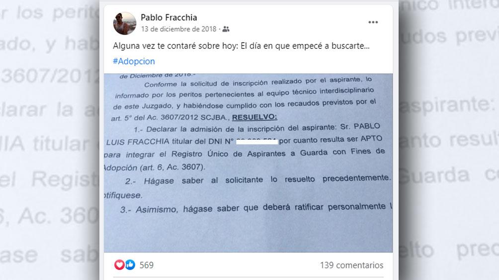 El da que tuvo la confirmacin de su inscripcin como postulante para adoptar Pablo dej un posteo en Facebook para su futuro hijo o hija