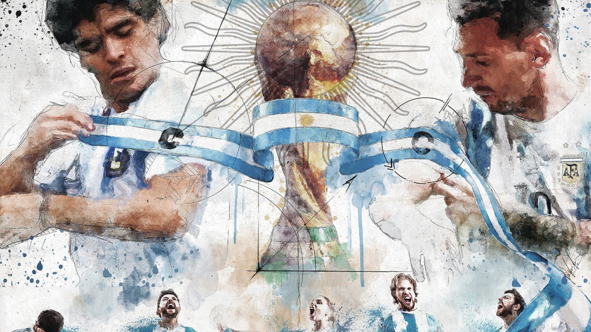 En su obra se ve a Maradona y Messi unidos por la cinta de capitn de la Seleccin Argentina