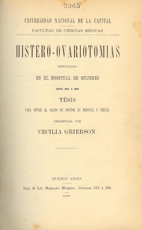 Histeroovariotomas efectuada en el Hospital de Mujeres desde 1883 a 1886 tesis de graduacin en Medicina Foto AGN