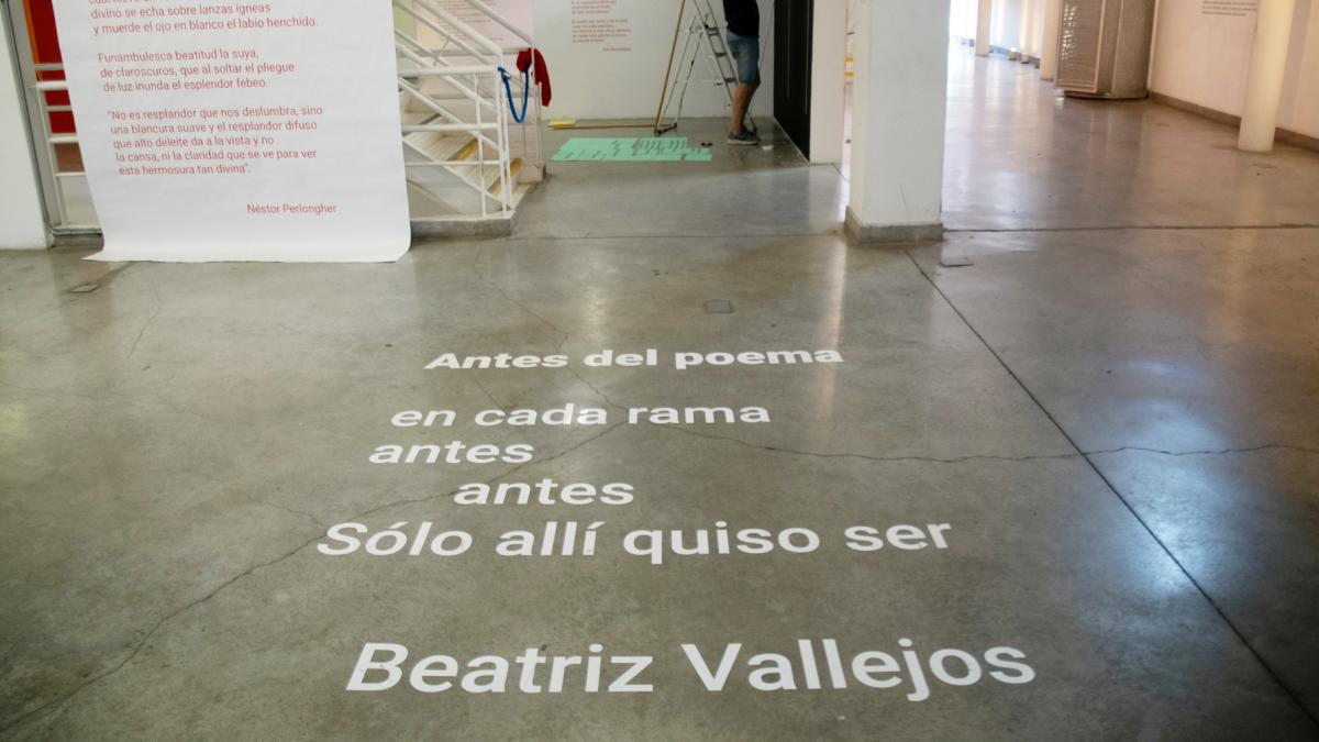 La entrada al Museo sorprende un poema breve de la escritora santafesina Beatriz Vallejos ploteado en el piso Foto Lara Sartor