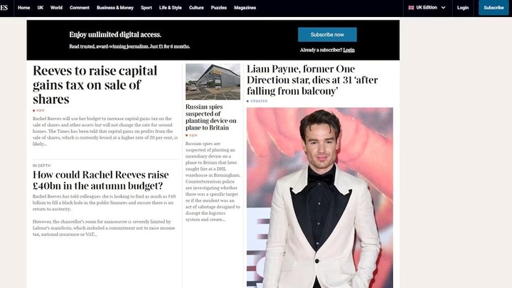 La  muerte de Liam Payne en la portada de The Times.