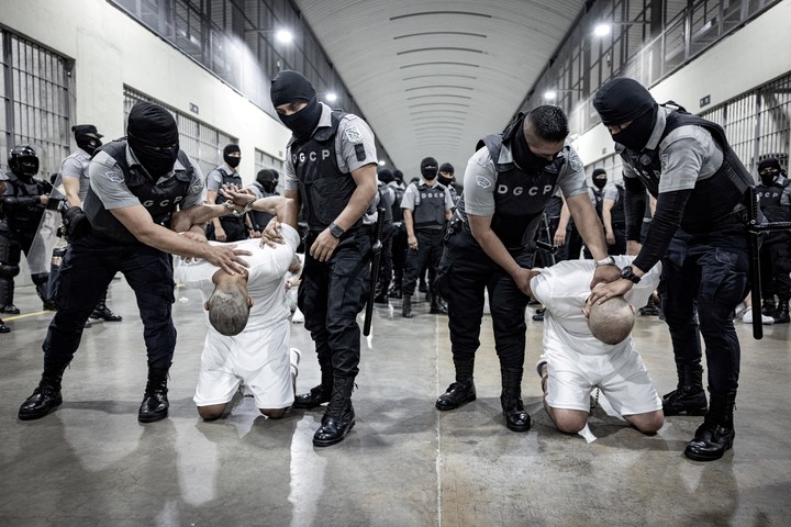 Policías salvadoreños custodian a supuestos pandilleros de la banda venezolana Tren de Aragua, en la cárcel de máxima seguridad Cecot, en San Salvador. Foto. REUTERS  