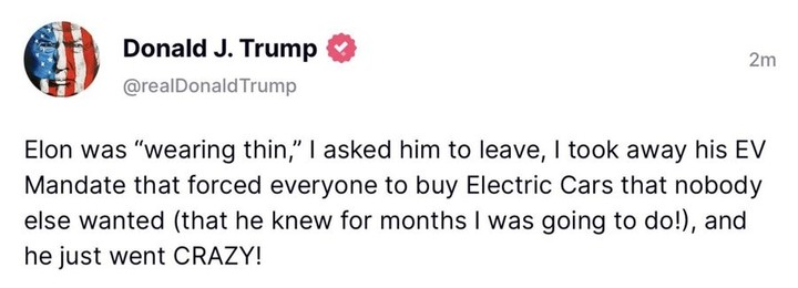 El posteo de Donald Trump donde dice que Musk se volvió loco.