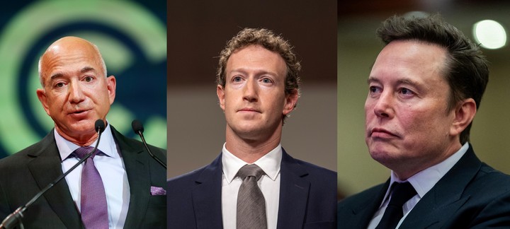 Jeff Bezos, Mark Zuckerberg y Elon Musk (Amazon, Meta y Tesla). Foto: EFE