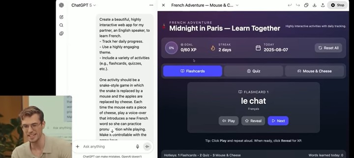 El aplicativo web creado con Chat GPT-5 para aprender francés.