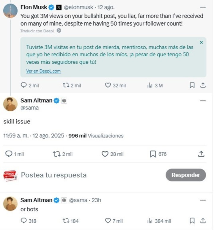 Los mensajes entre Sam Altman y Elon Musk en la red social X.