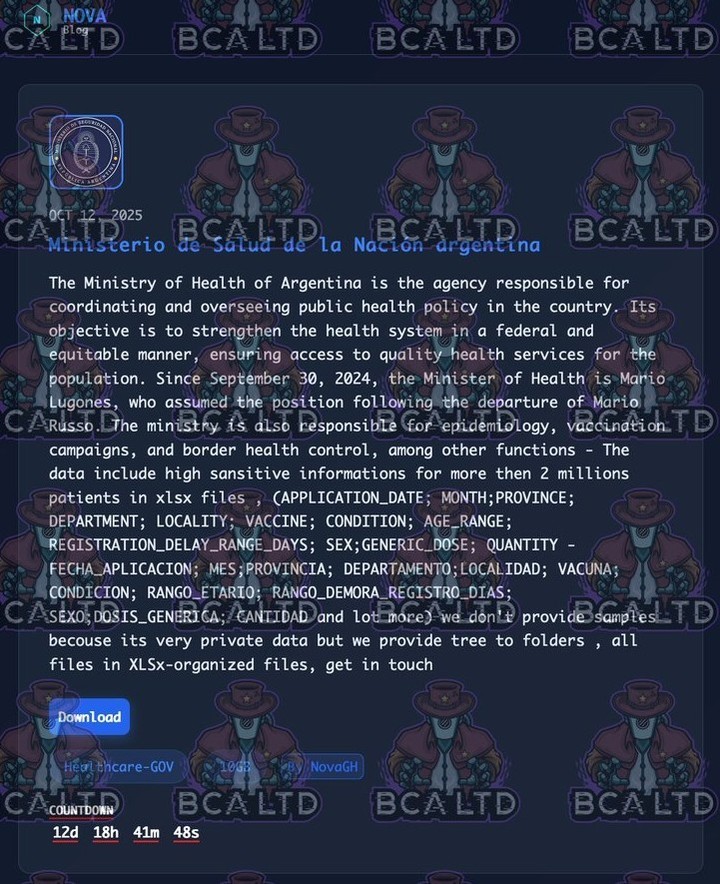 Posteo en la dark web sobre el Ministerio de Salud de la Nación. Foto: Sheriff - BCA LTD