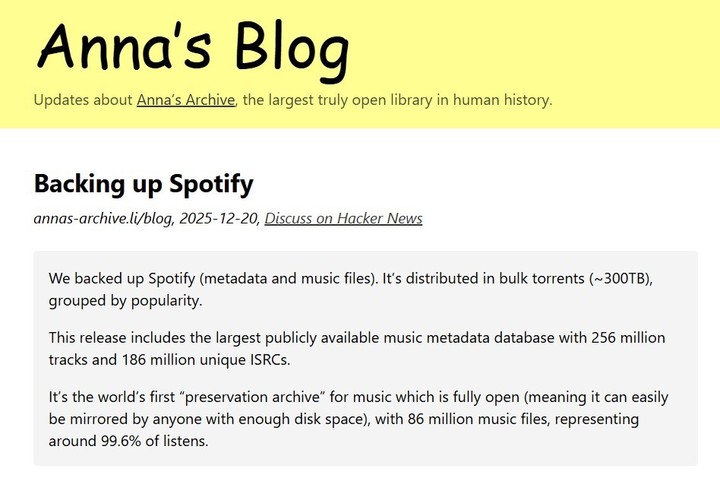 Anna's Archive, el colectivo preservacionista que disponibilizó la música de Spotify para bajar. Foto: Anna's Archive