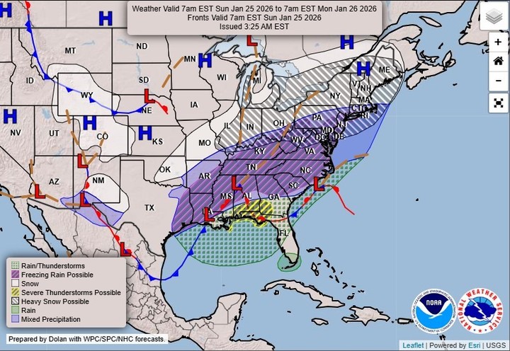 Los estados golpeados por la tormenta de nieve y frío en Estados Unidos, este domingo 25 de enero. Foto Eather Prediction Center