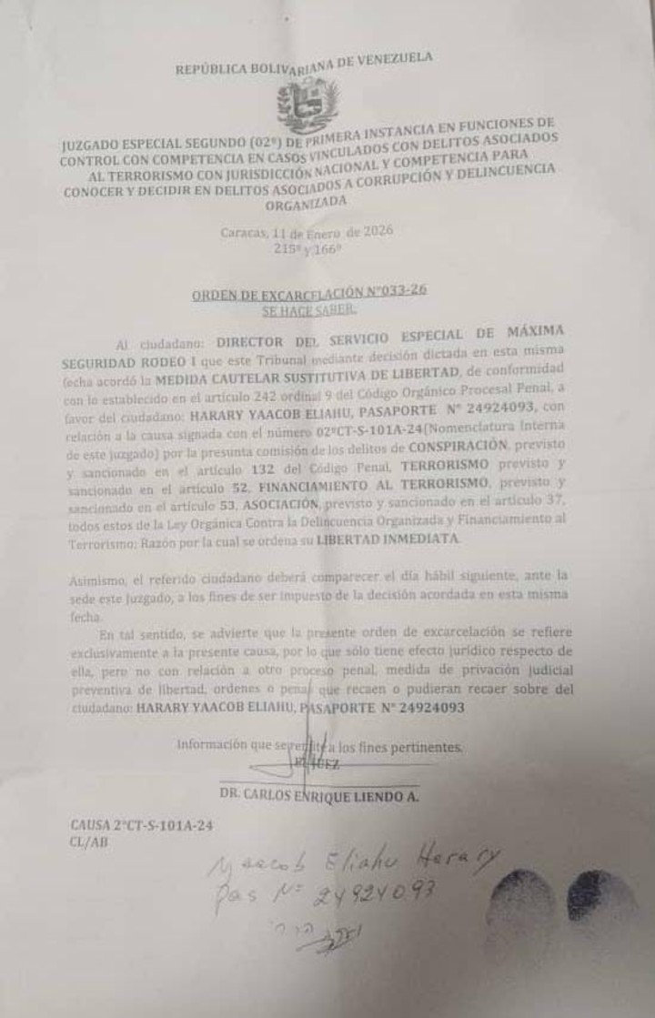La orden de excarcelación del preso político argentino-israelí Yaacob Harary para salir de Venezuela.