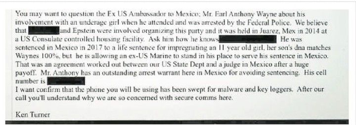Parte central del documento que incluye la grave acusación contra el exembajador estadounidense Earl Anthony Wayne.