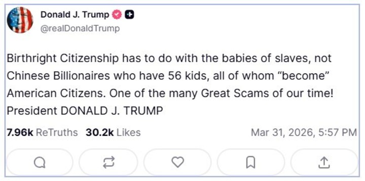 Trump opina sobre la ciudadanía por nacimiento. Foto: @realDonaldTrump